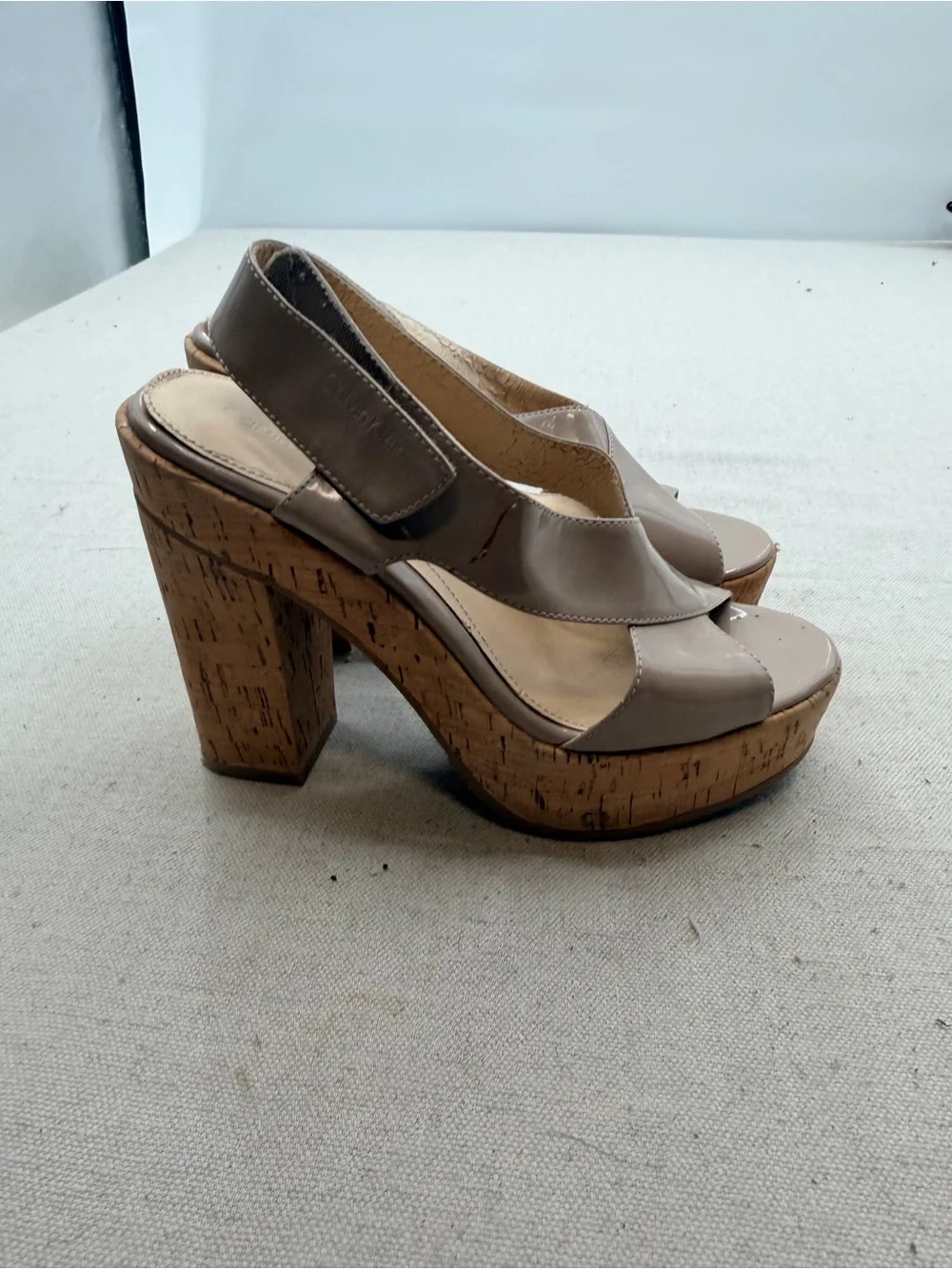 Calvin Klein Neutral Patent Cork Platform Sandals